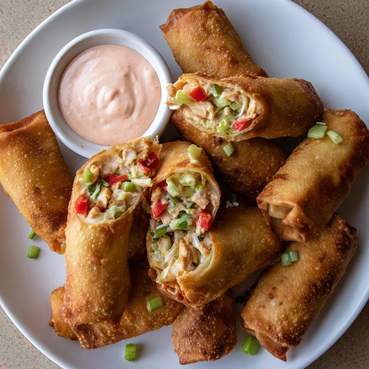 Golden crispy Voodoo Egg Rolls filled with seasoned Cajun chicken and colorful vegetables