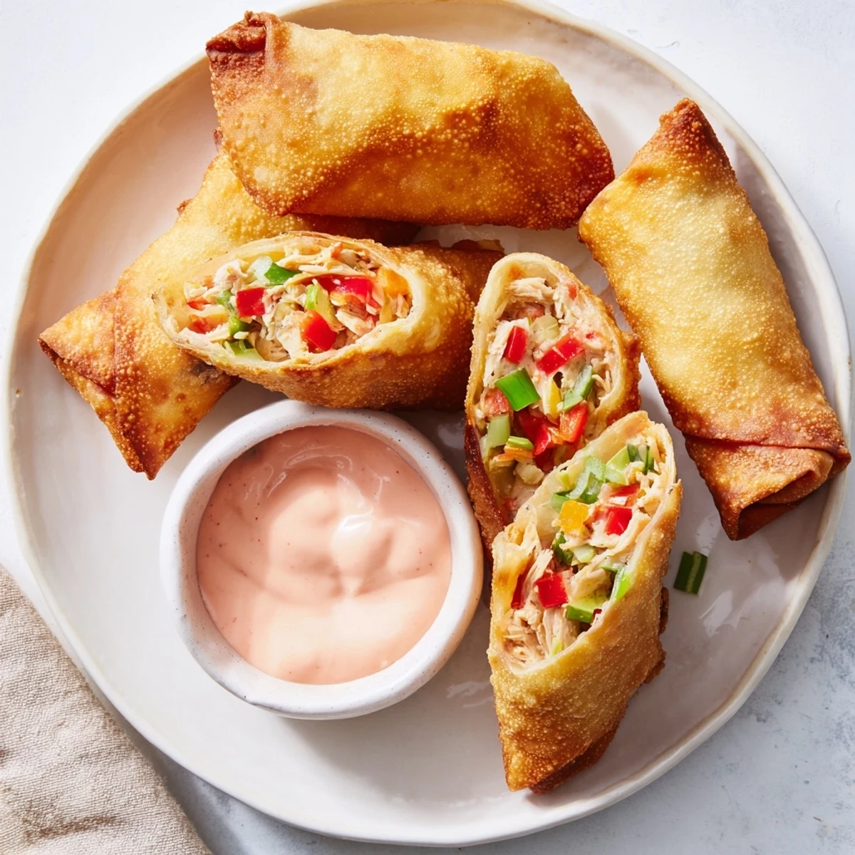 Plate of spicy Voodoo Egg Rolls served with creamy zesty dipping sauce for appetizers