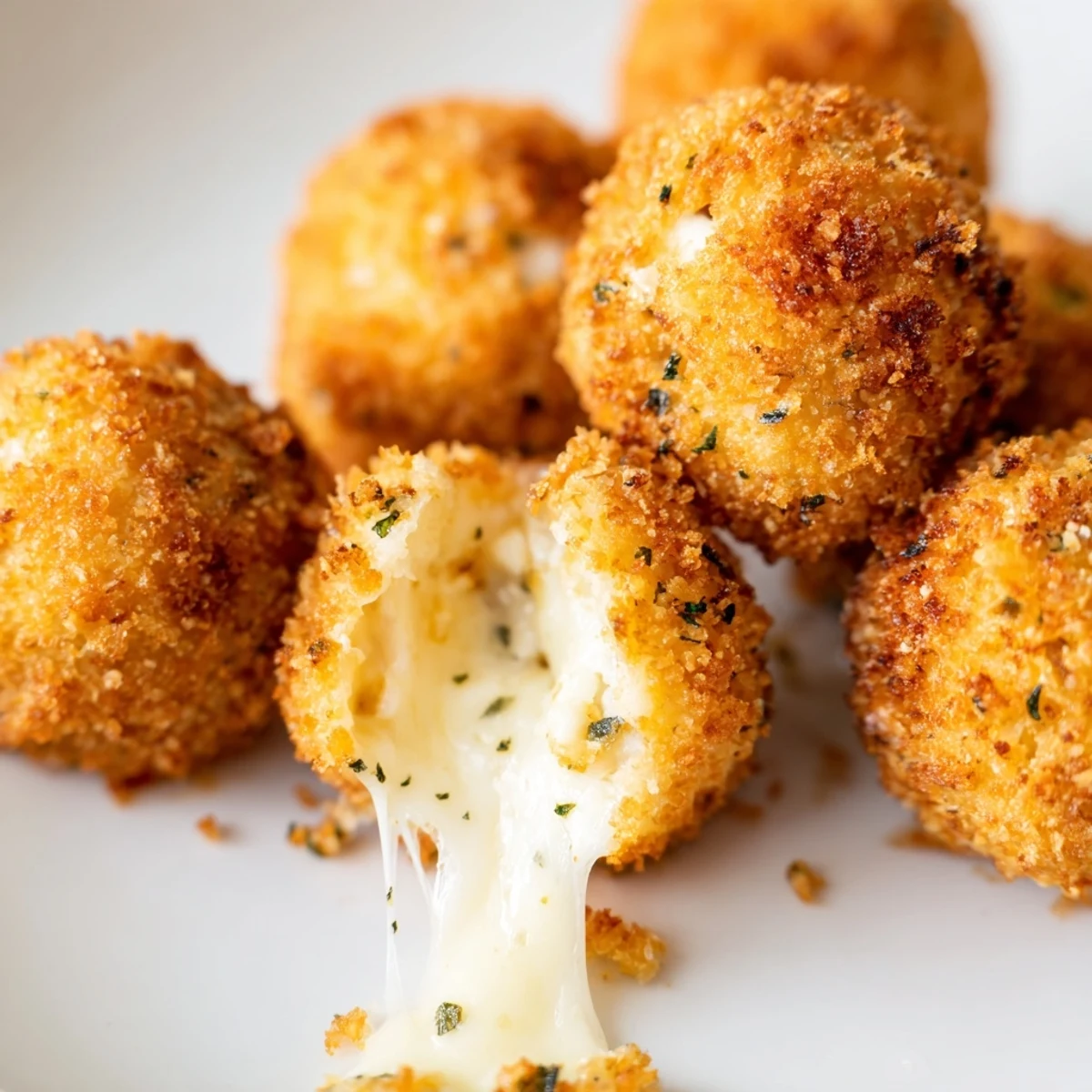 Golden brown mozzarella cheese balls with melty centers, served on a white plate with marinara dipping sauce