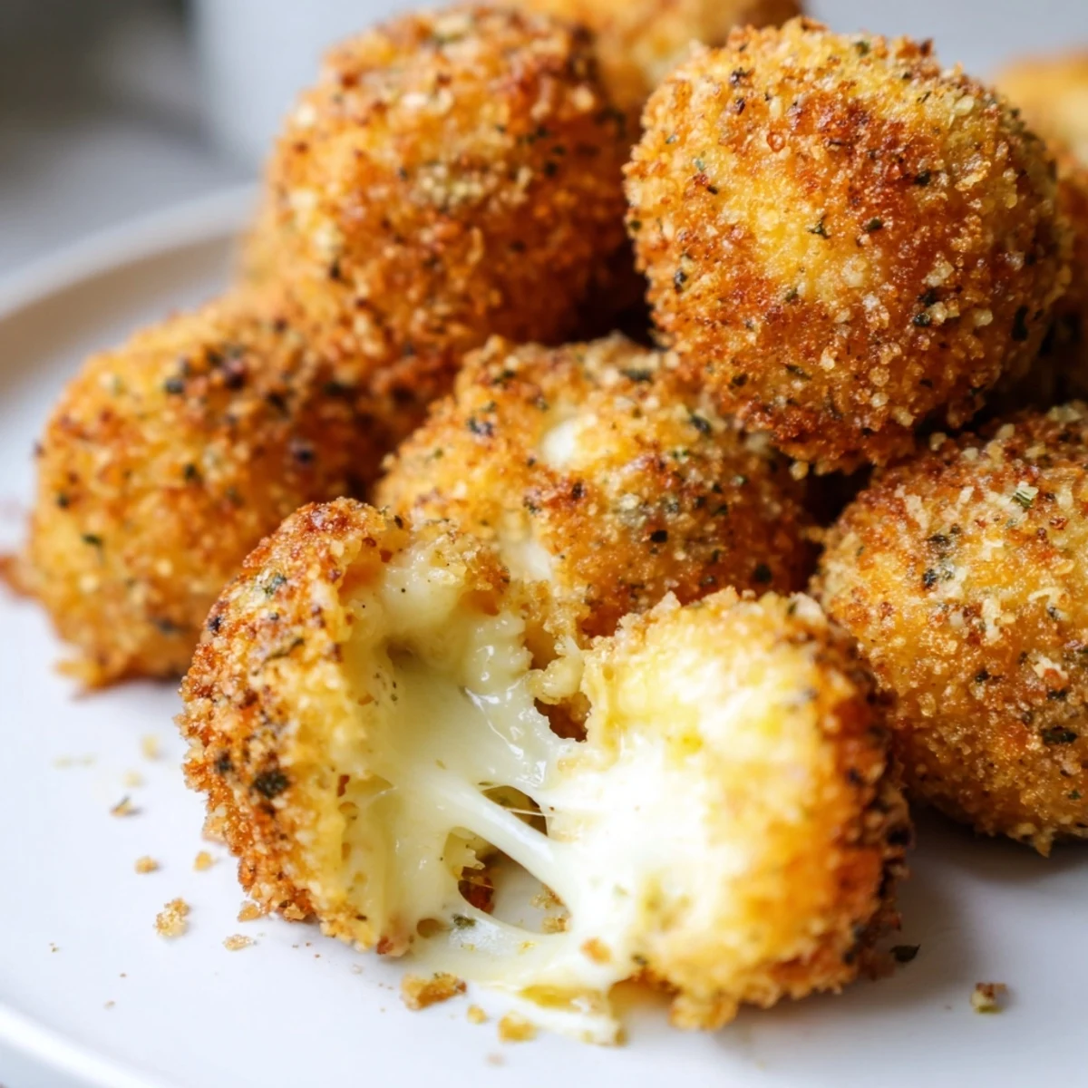 Crispy fried mozzarella cheese balls arranged on a wooden board, garnished with fresh parsley leaves