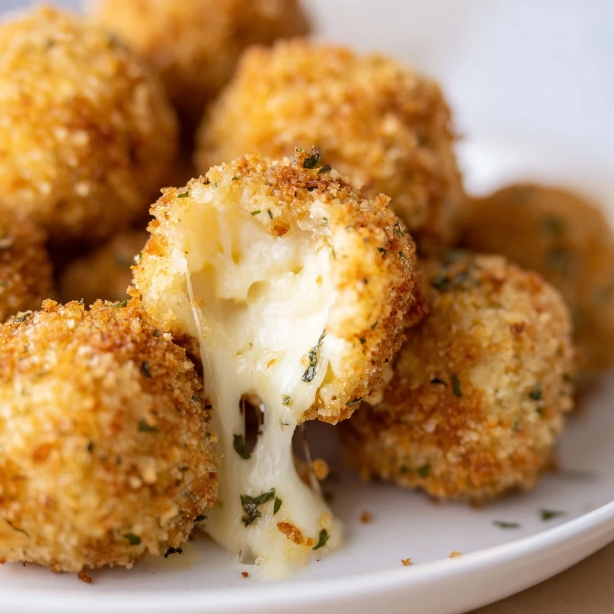 Steam rising from hot mozzarella cheese balls, showcasing their crunchy breadcrumb coating and gooey interior