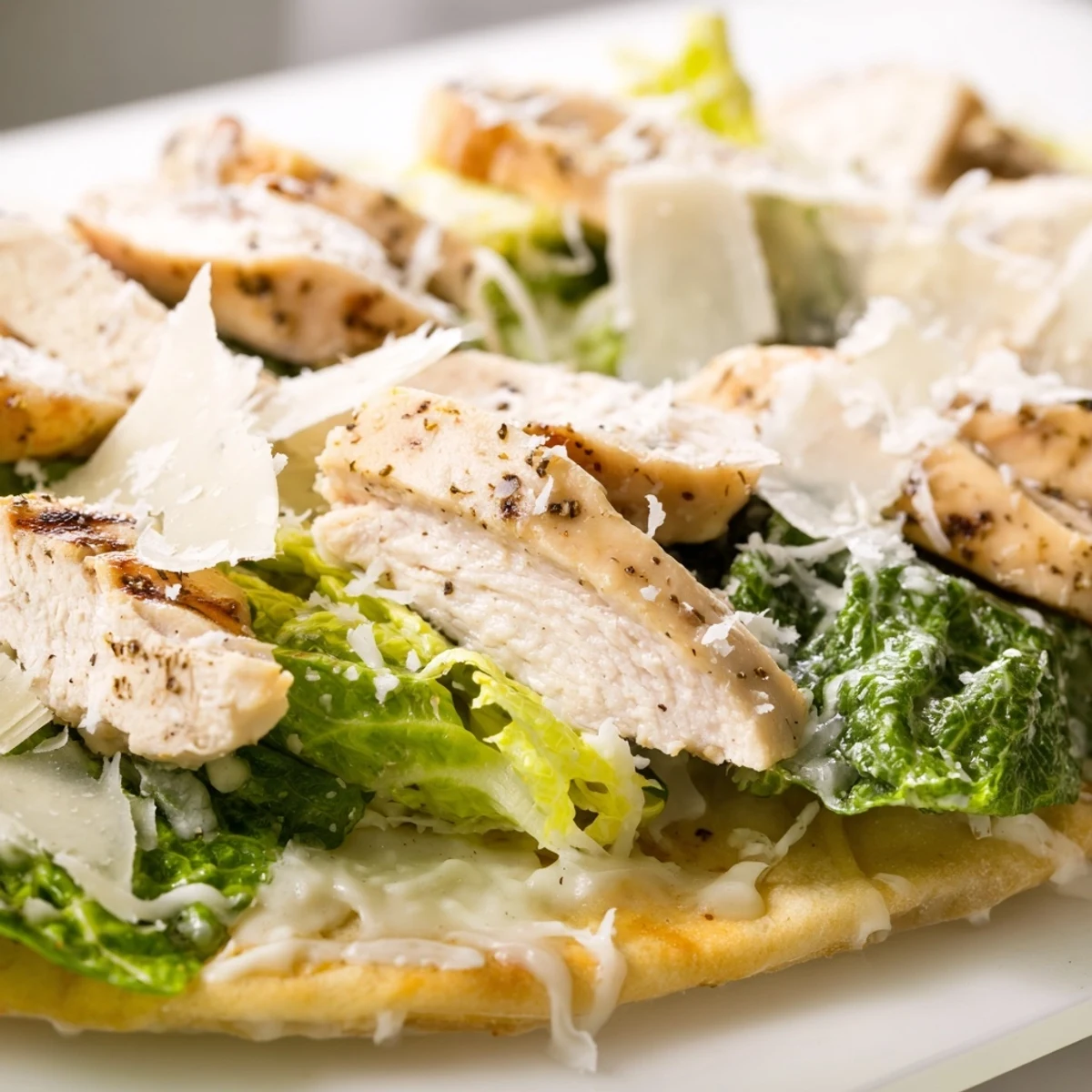 Golden chicken Caesar flatbread topped with melted mozzarella, crisp romaine lettuce, and shaved parmesan