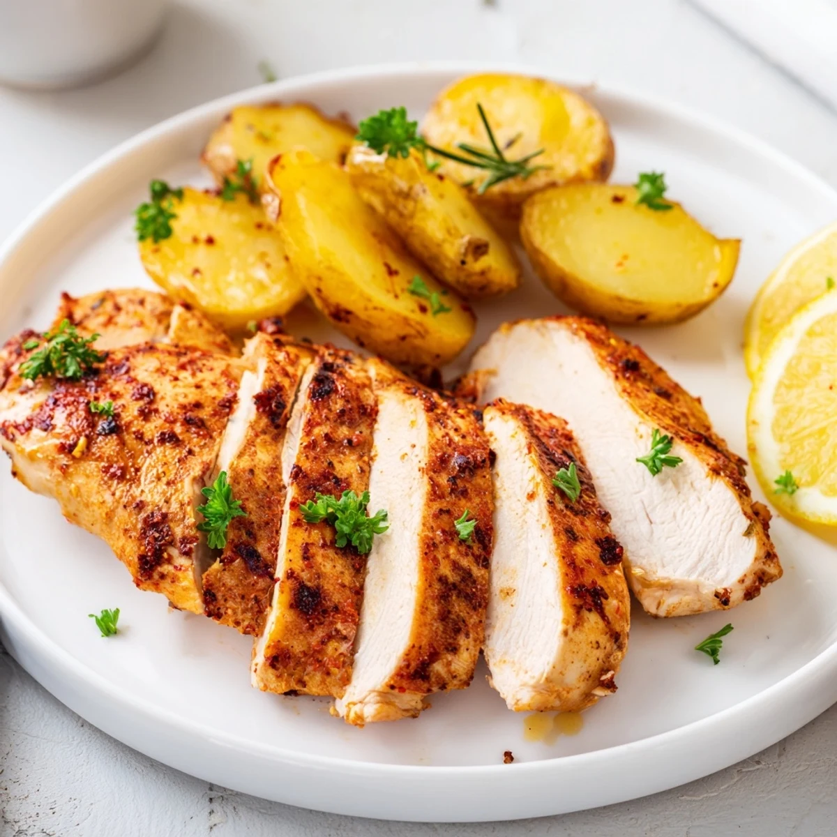 Golden brown grilled chicken breast served alongside crispy roasted baby Yukon Gold potatoes with rosemary and garlic