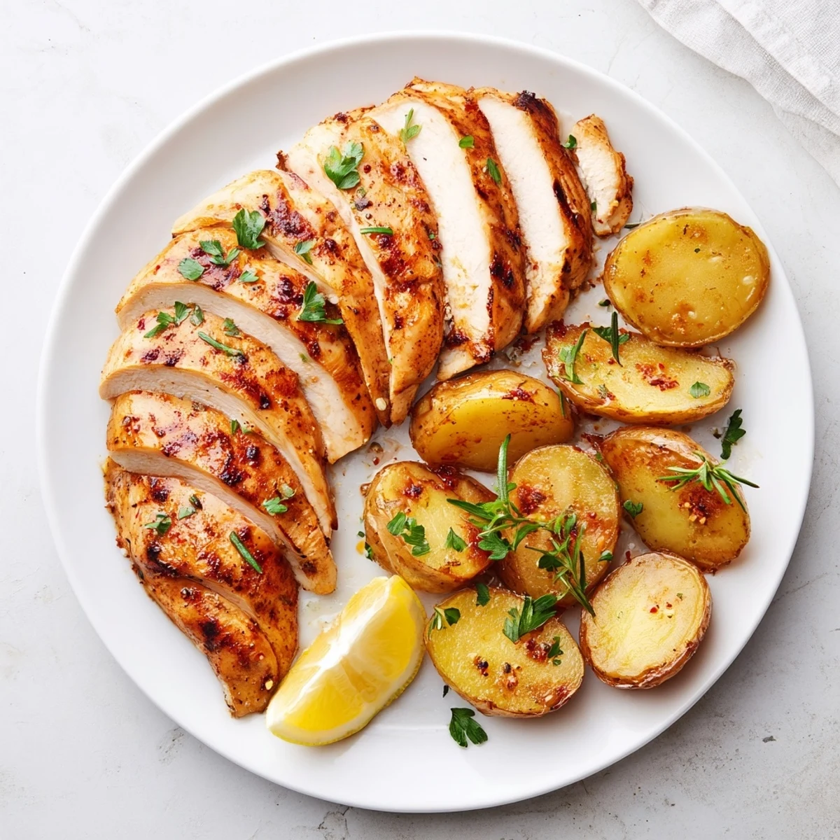 Juicy smoked paprika grilled chicken plated with perfectly roasted golden potatoes garnished with fresh parsley and lemon wedges