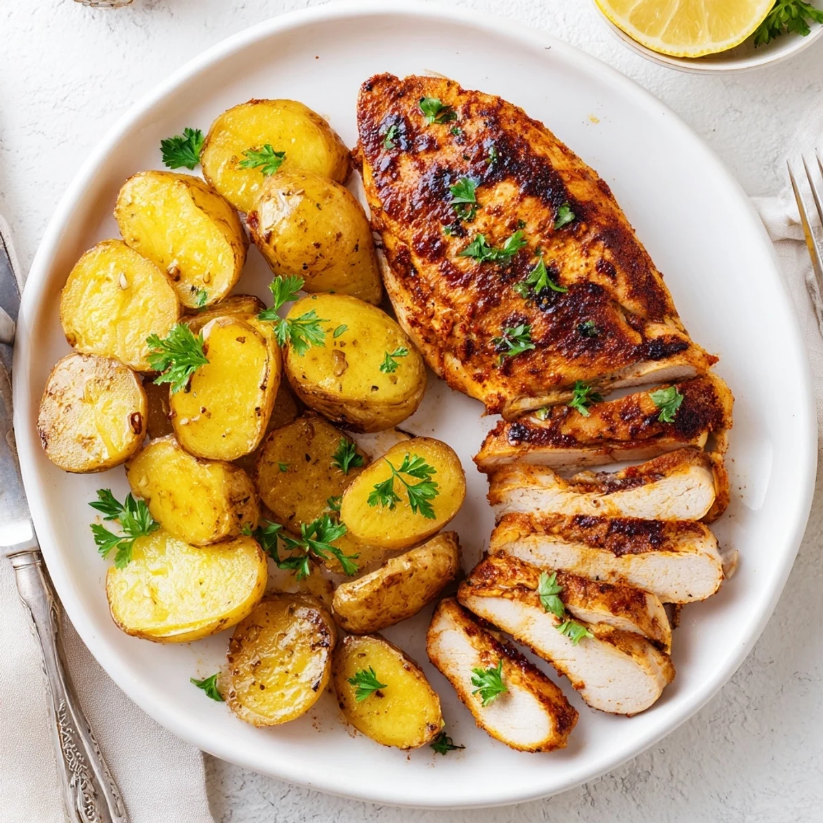 Tender marinated chicken breast strips arranged next to oven roasted crispy potatoes on a white serving platter