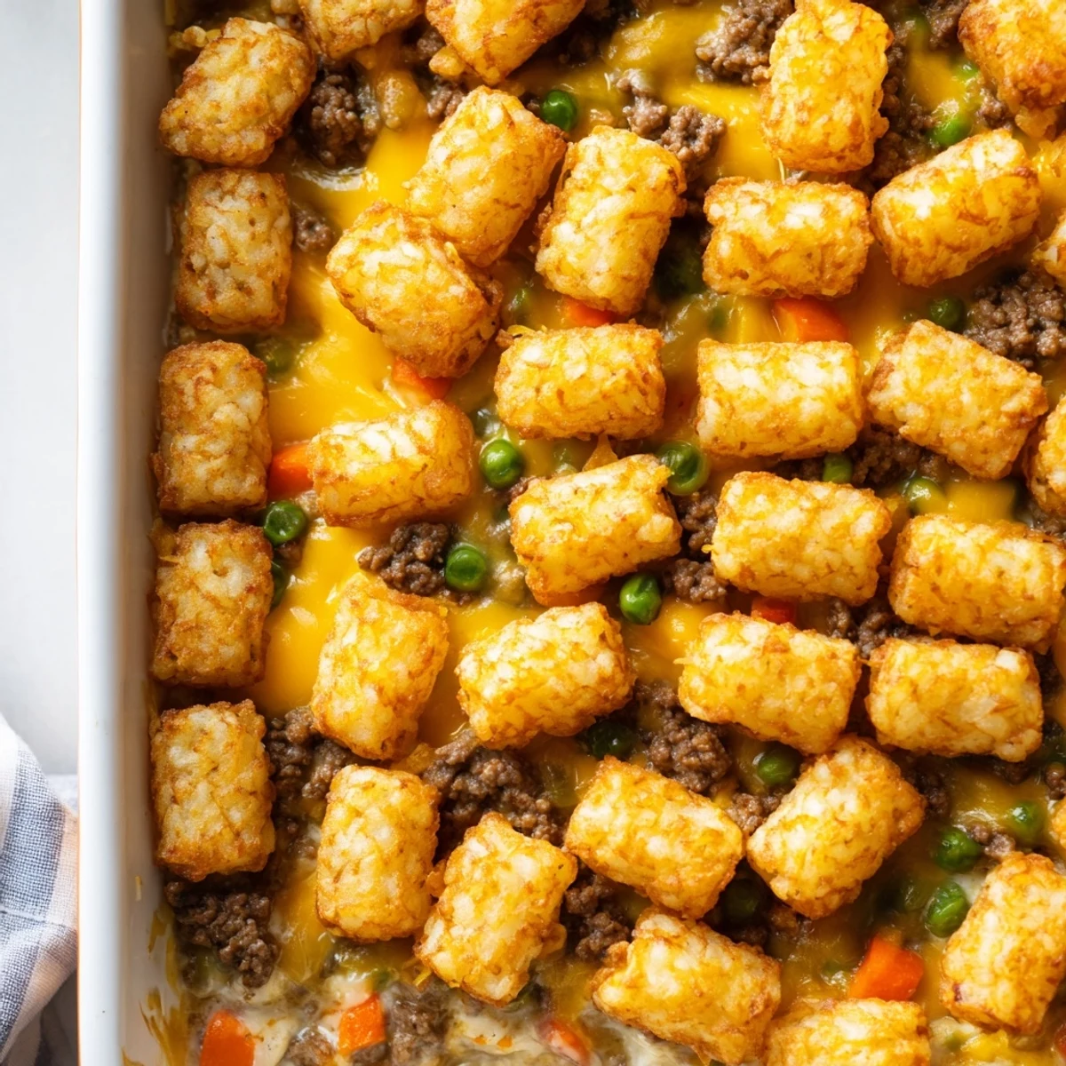 Golden cheesy ground beef tater tot casserole with crispy tots and melted cheddar topping