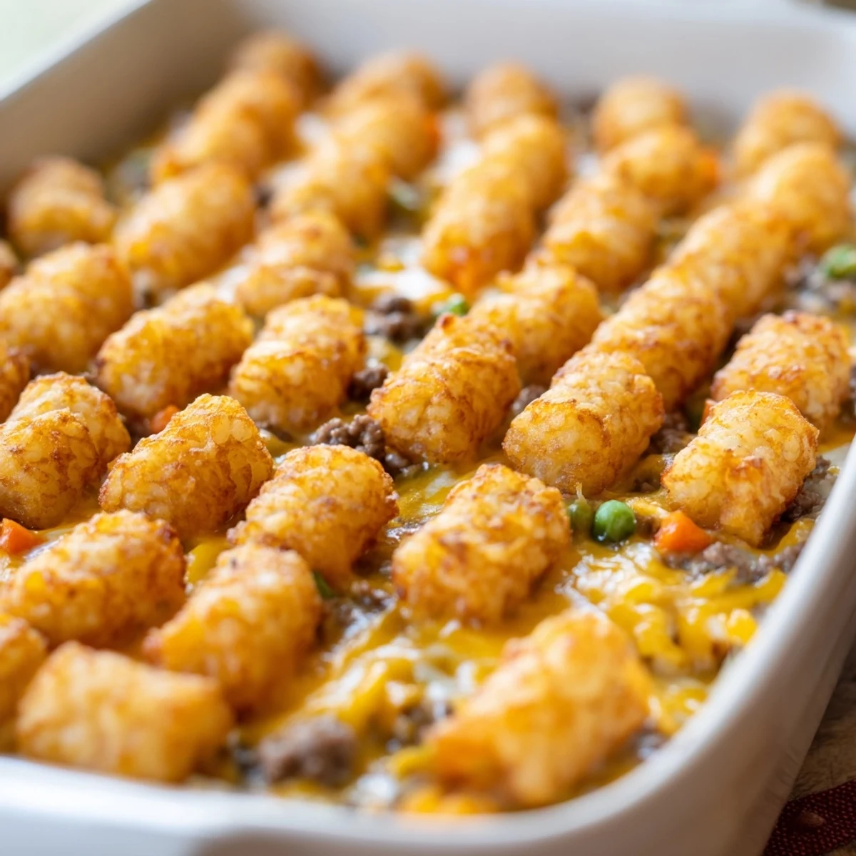 Comforting ground beef tater tot casserole bubbling in a baking dish with savory beef