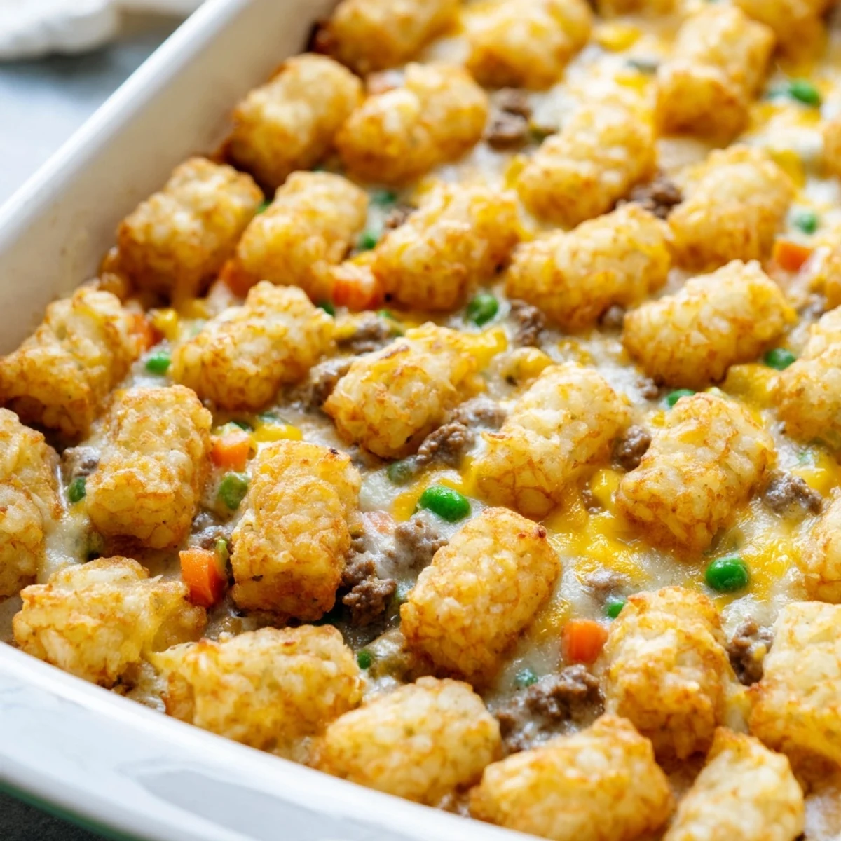 Family-friendly ground beef tater tot casserole served piping hot with gooey cheese layer