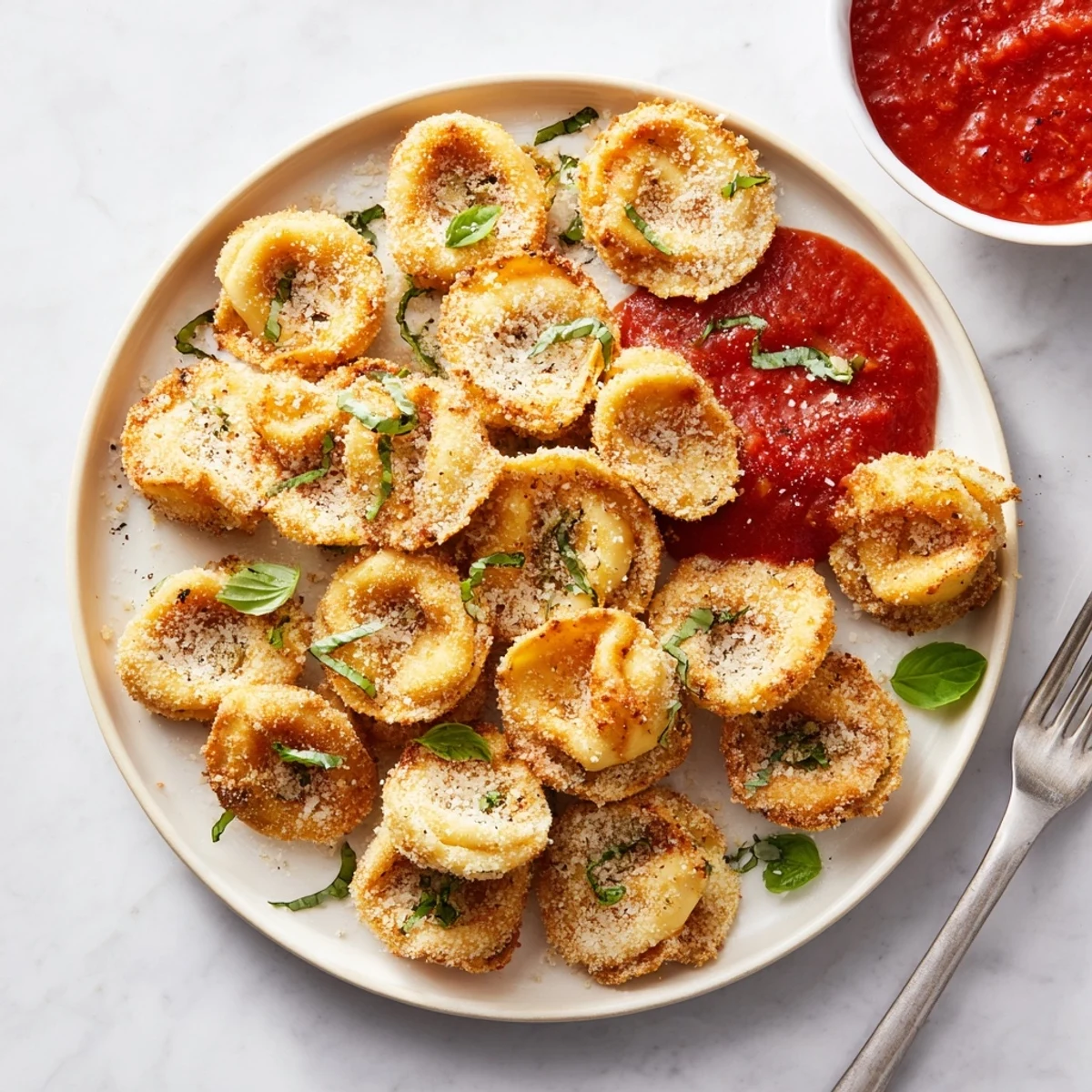 Golden air fryer tortellini arranged on a serving platter with marinara sauce for dipping