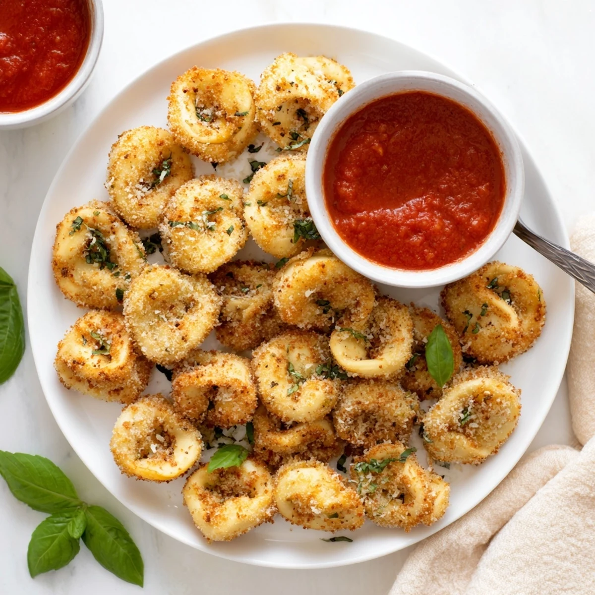 Plate of golden Italian tortellini appetizer sprinkled with fresh basil alongside warm red sauce