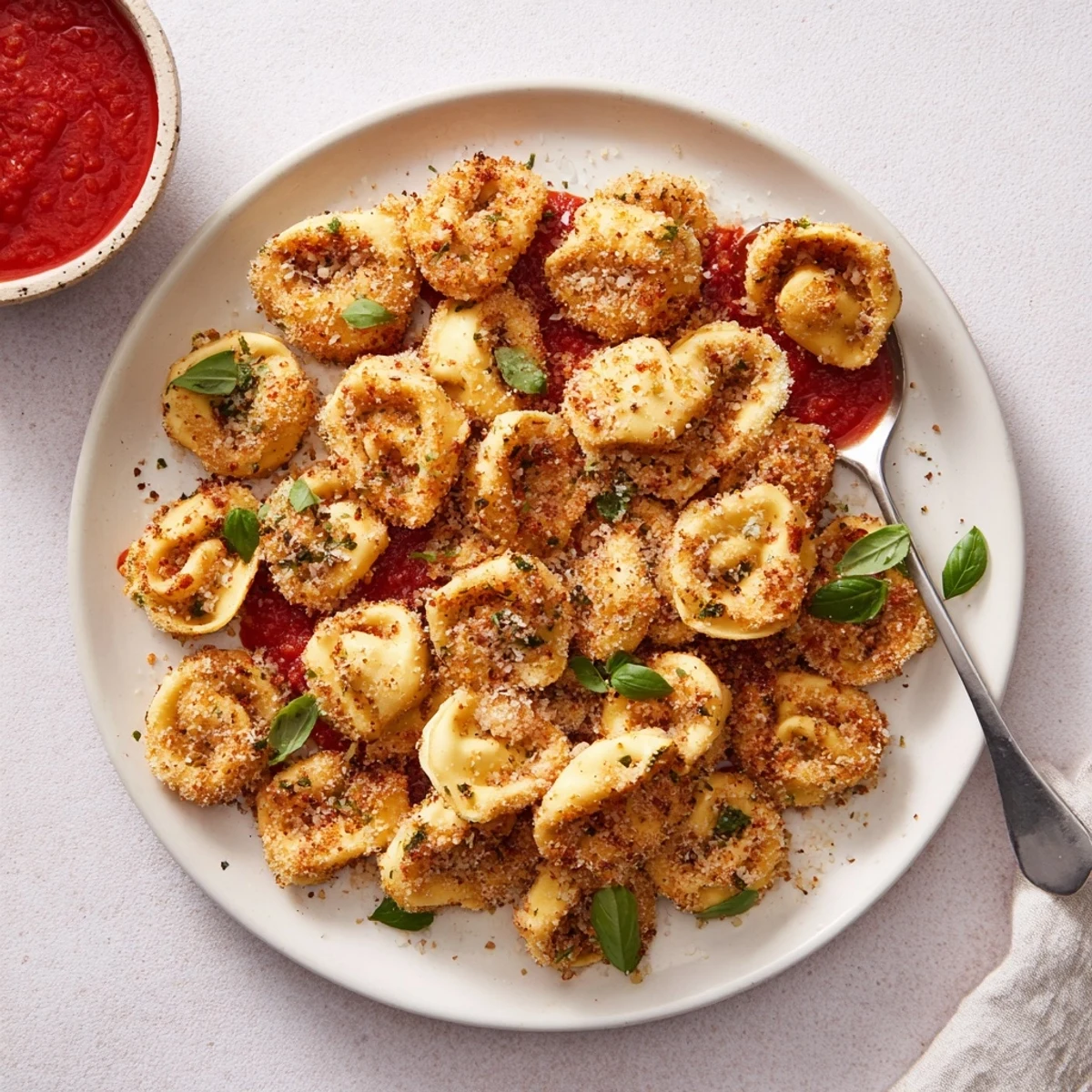 Crispy breaded tortellini bites fresh from the air fryer with herbs and parmesan coating