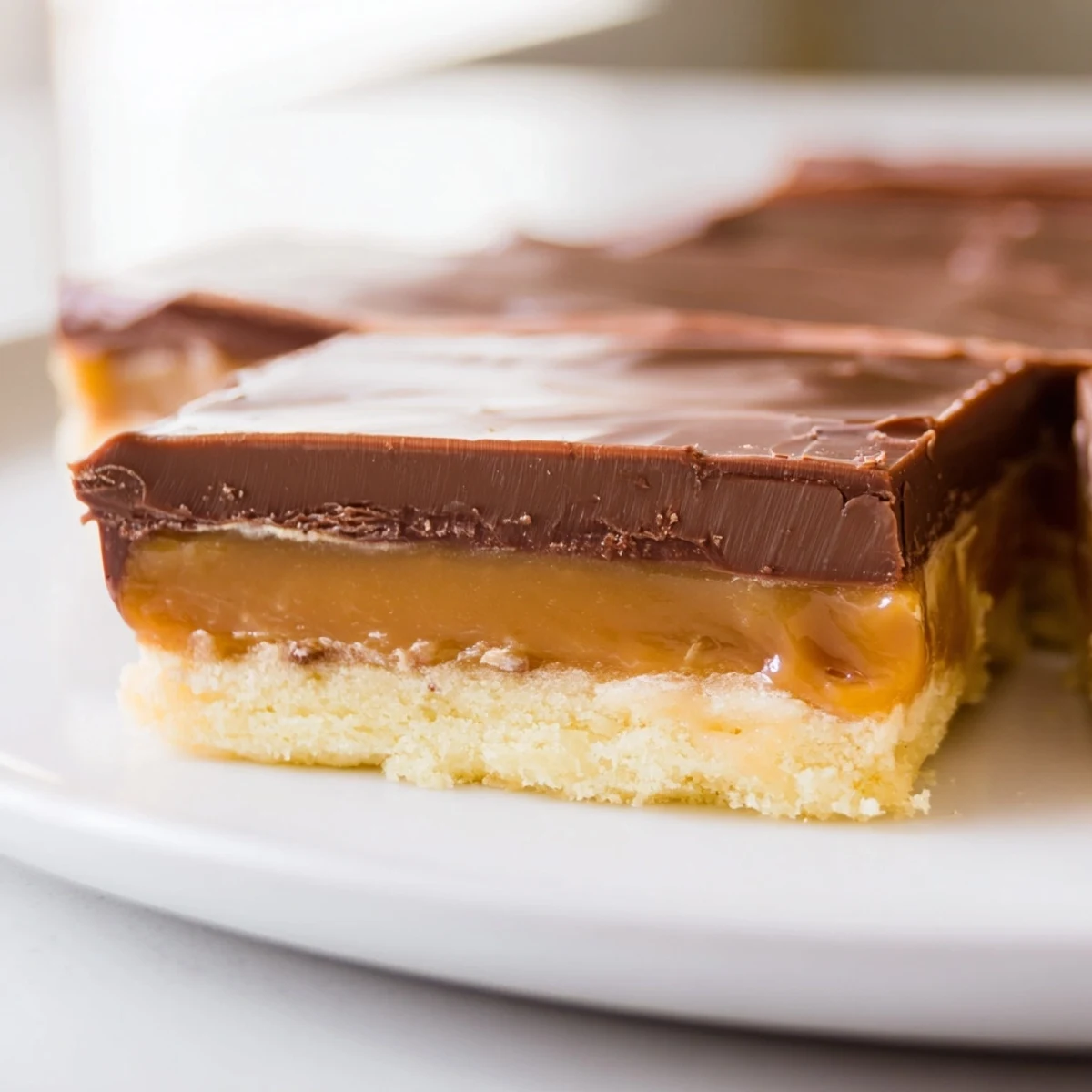Square Twix dessert bars with a glistening chocolate top, revealing the shortbread crust and thick caramel filling