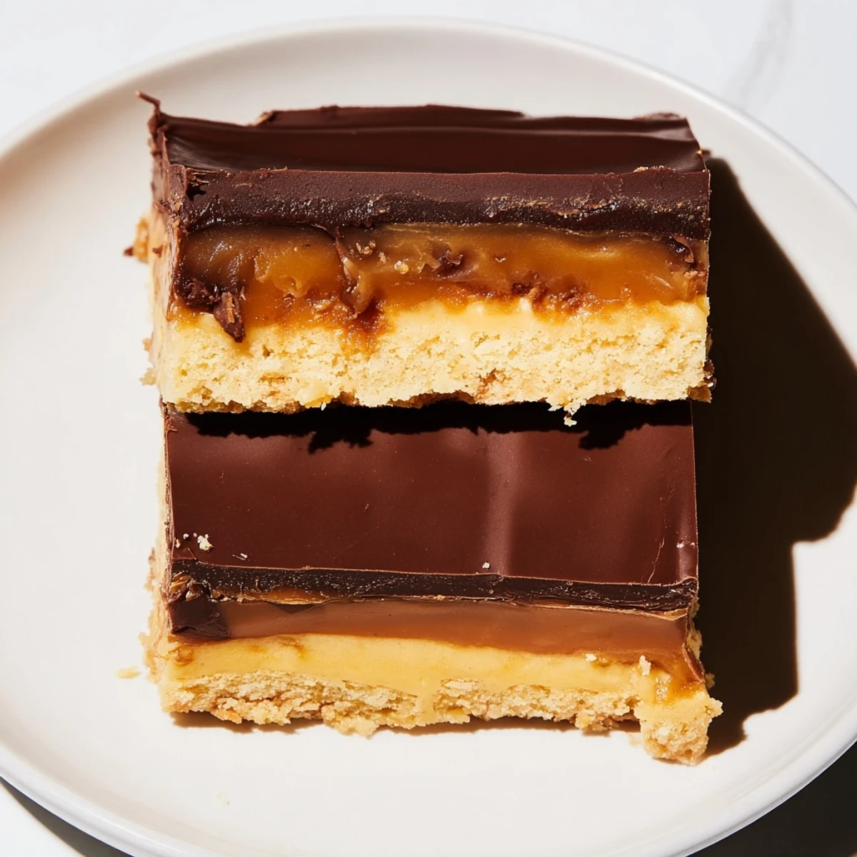 Freshly sliced Twix candy bars on a white plate, displaying the classic trio of shortbread cookie, gooey caramel, and milk chocolate topping