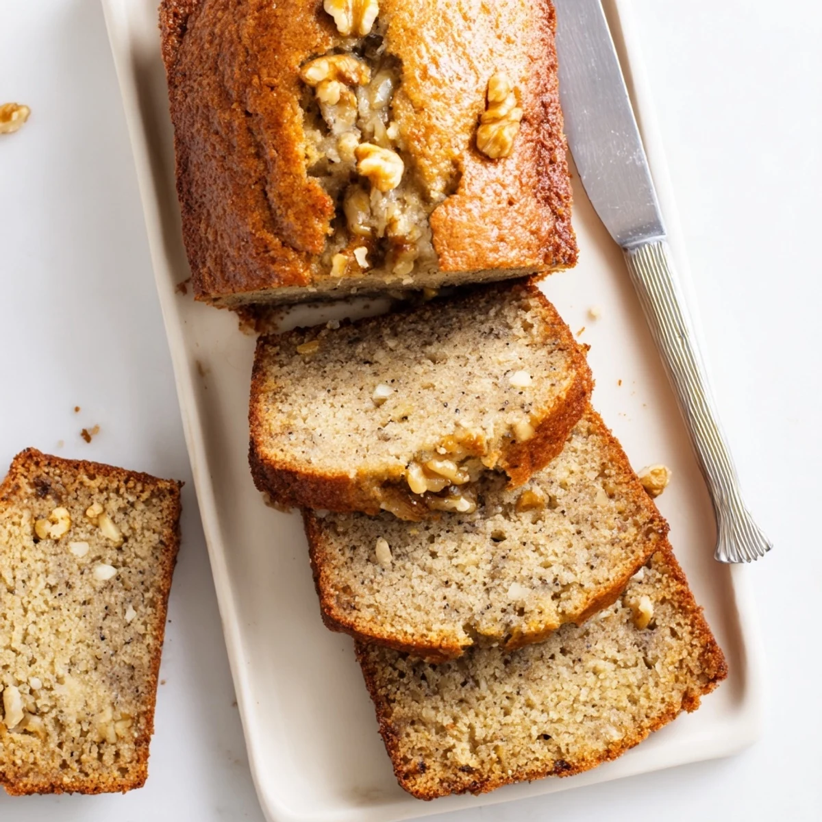 Moist low carb banana bread with melted butter on white ceramic plate