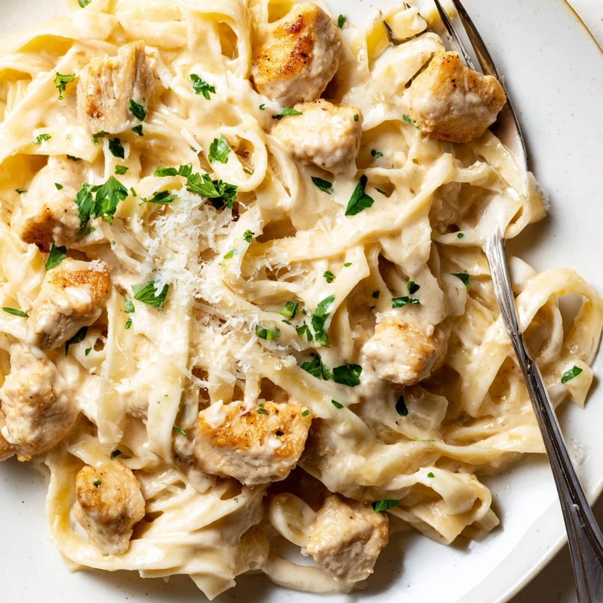 Golden brown chicken pieces tossed with fettuccine in a rich garlic Parmesan cream sauce