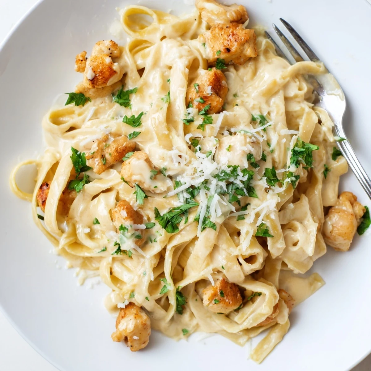 Bowl of creamy garlic Parmesan chicken pasta featuring tender chunks and white glossy sauce