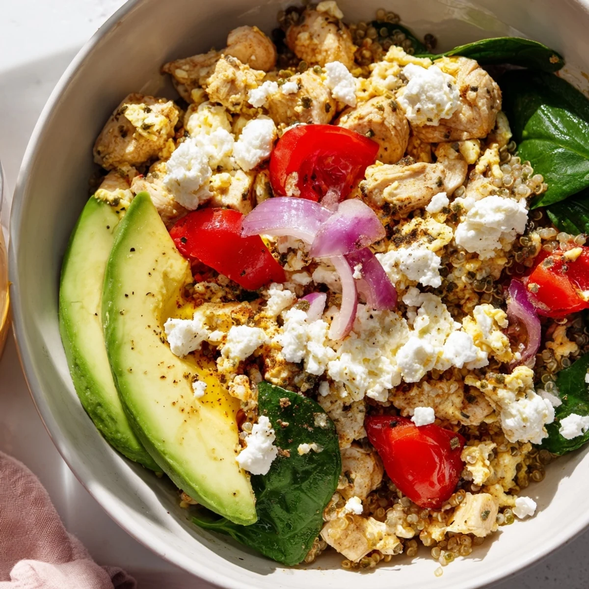 Colorful breakfast bowl with scrambled eggs, fresh vegetables, avocado, and pumpkin seeds layered over quinoa