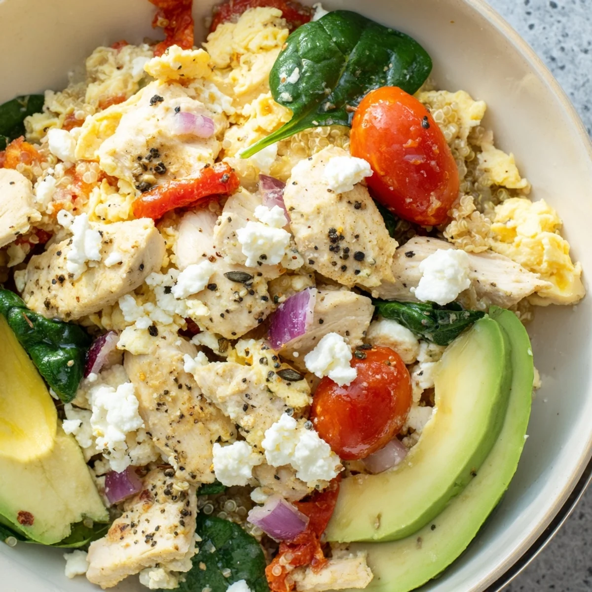 Hearty high protein breakfast bowl featuring fluffy cottage cheese eggs, spinach, tomatoes, and sliced avocado