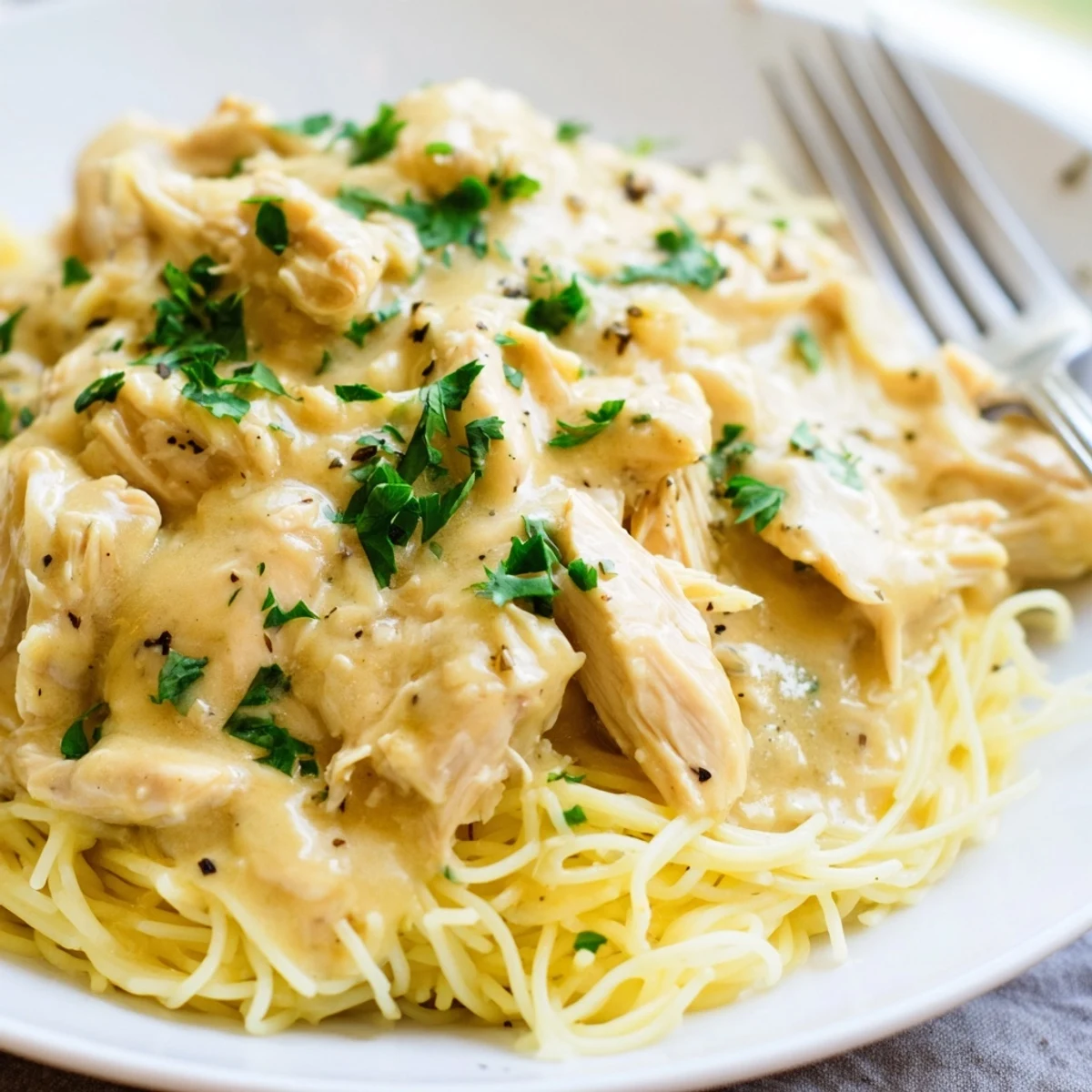 Golden brown chicken breasts swimming in creamy butter sauce over a bed of angel hair pasta