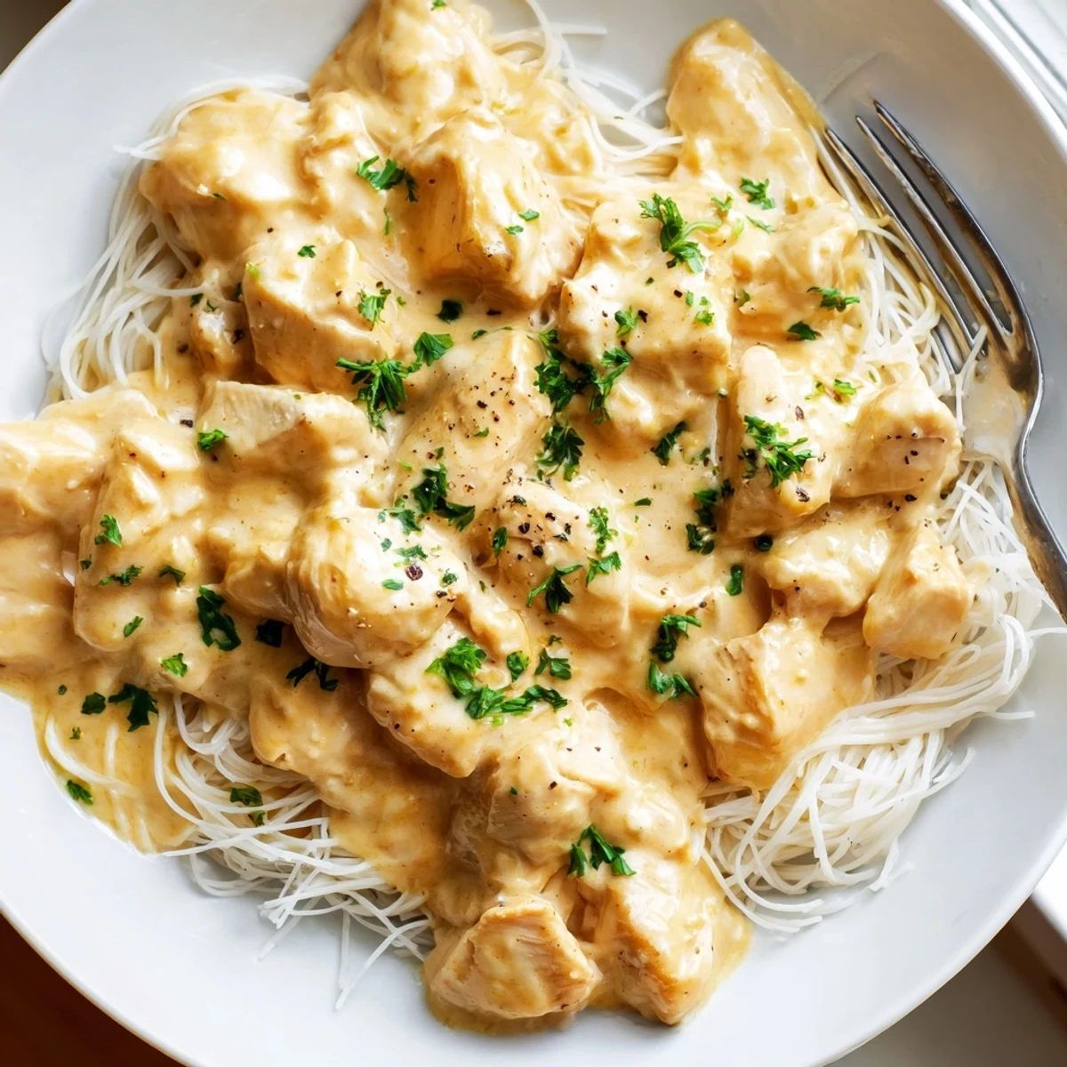 Slow cooker angel chicken with tender shredded meat draped over white pasta strands with rich cream sauce