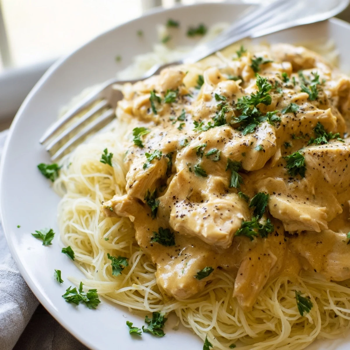 Creamy crock pot angel chicken plated over pasta with freshly chopped parsley garnish and black pepper