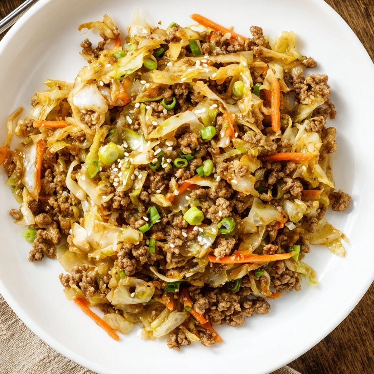 Deconstructed egg roll in a bowl featuring tender pork and colorful vegetable medley