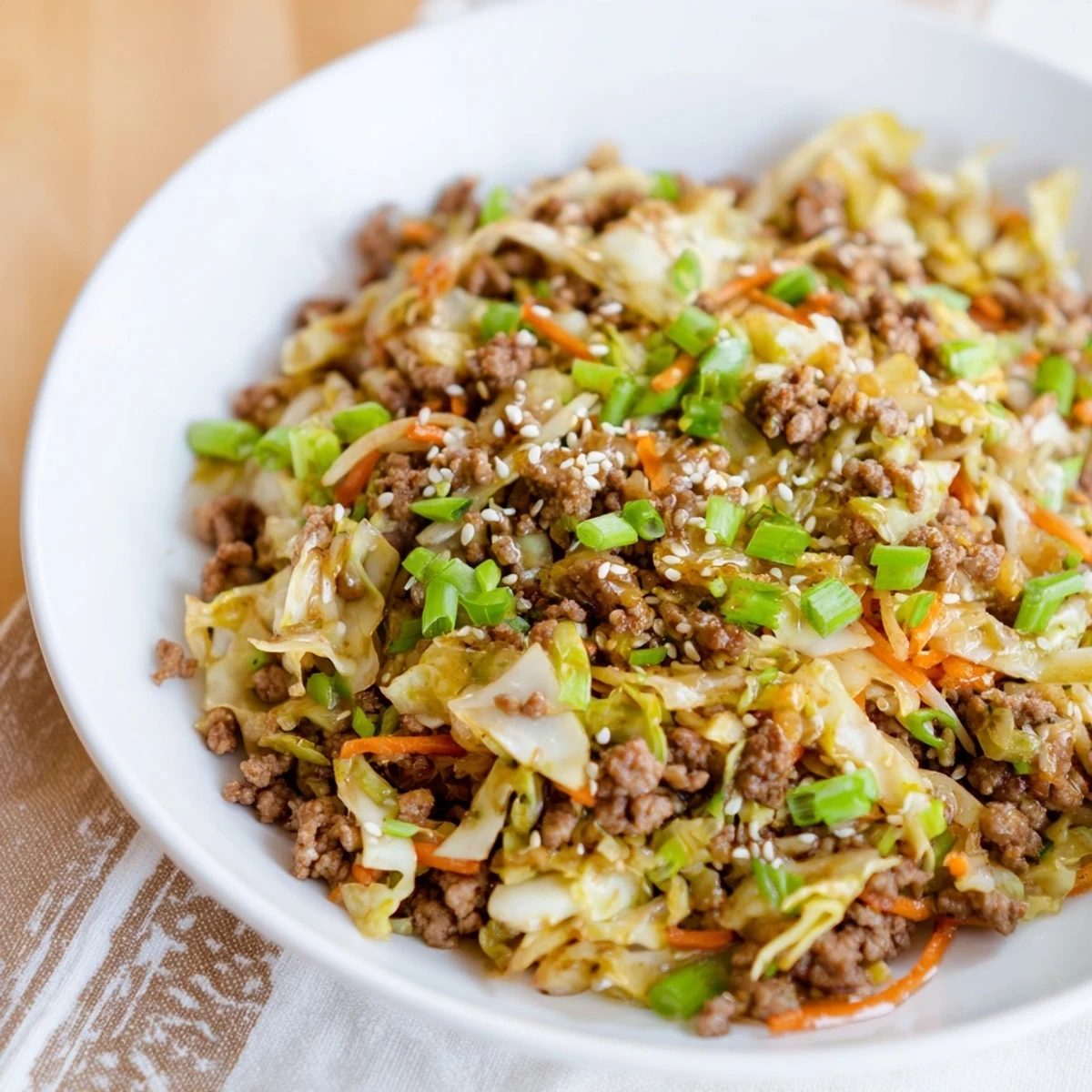 Gluten-free egg roll in a bowl plated with sesame seeds and fresh green onions