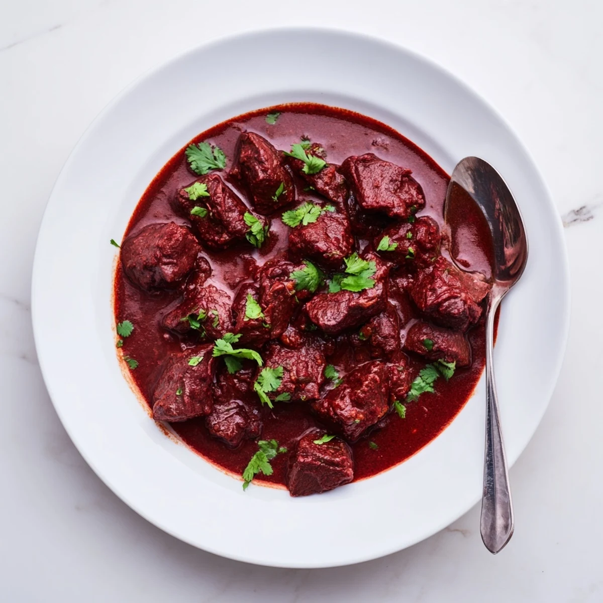 Slow cooker chili Colorado featuring tender beef chunks in a rich, smoky red chili sauce garnished with fresh cilantro.