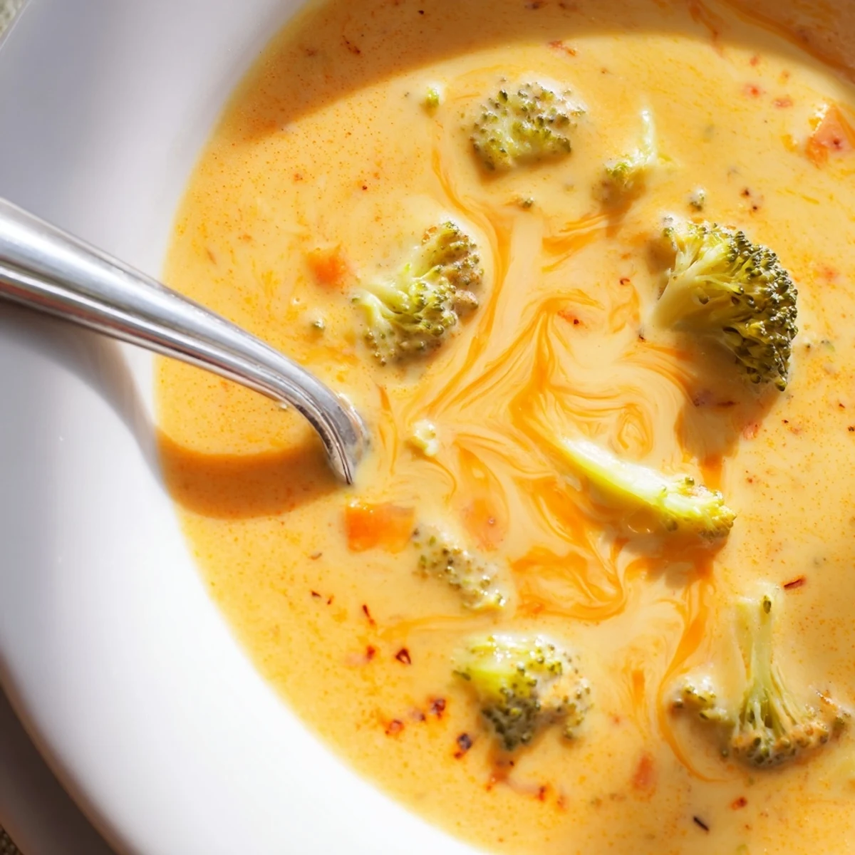 Steaming bowl of Instant Pot broccoli cheddar soup garnished with extra shredded sharp cheddar cheese and freshly ground black pepper.