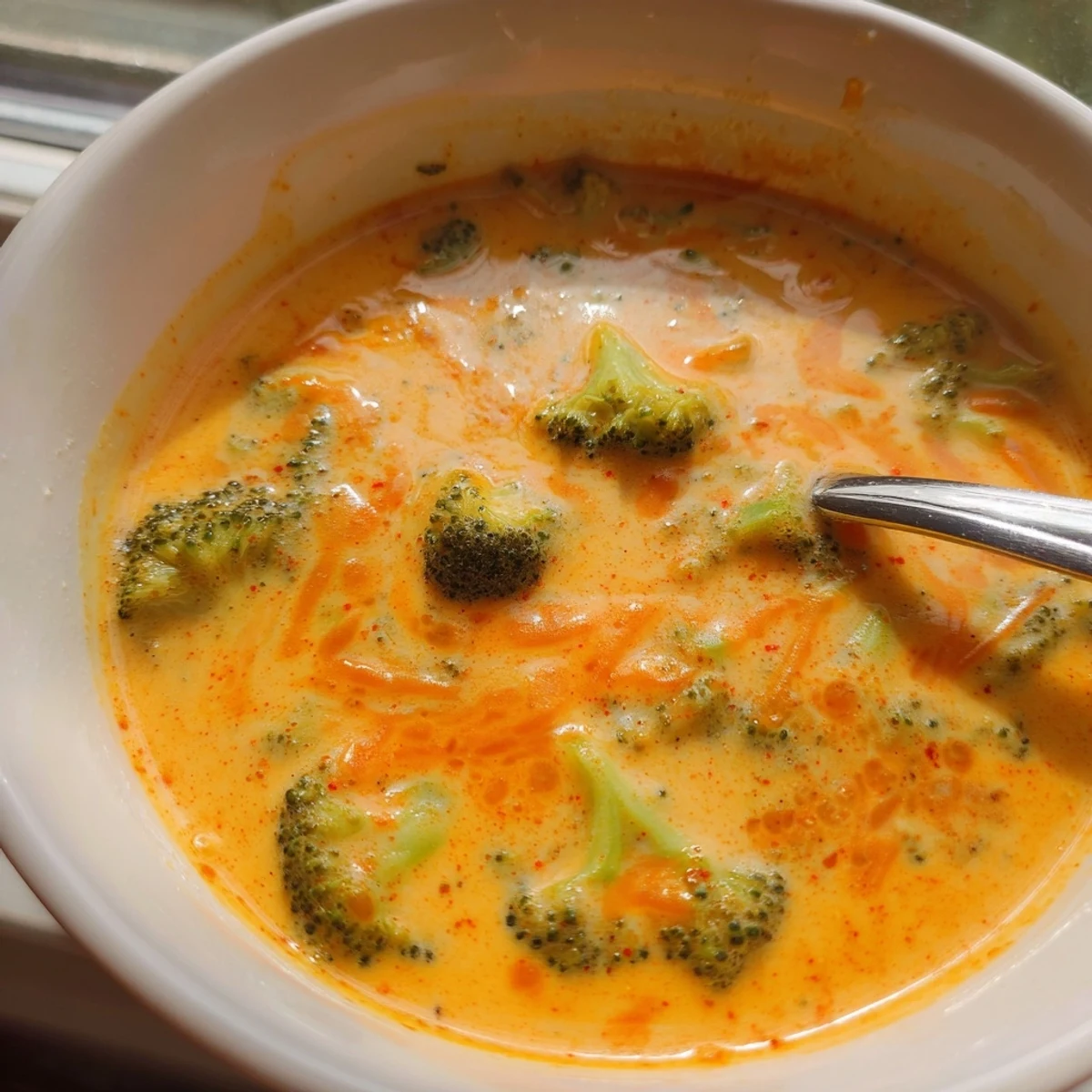 Creamy Instant Pot broccoli cheddar soup ladled into white bowls with fresh green florets visible throughout the rich orange broth.