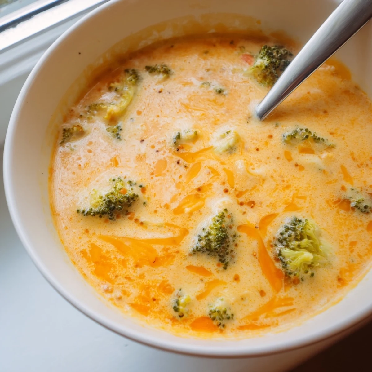 Velvety smooth Instant Pot broccoli cheddar soup featuring tender broccoli pieces in a golden, cheesy broth ready for cozy dinner.