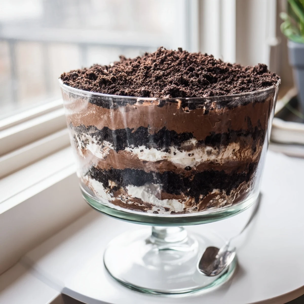 Glass dish layered with creamy keto dirt cake featuring chocolate pudding, whipped cream, and crunchy chocolate almond crumble topping