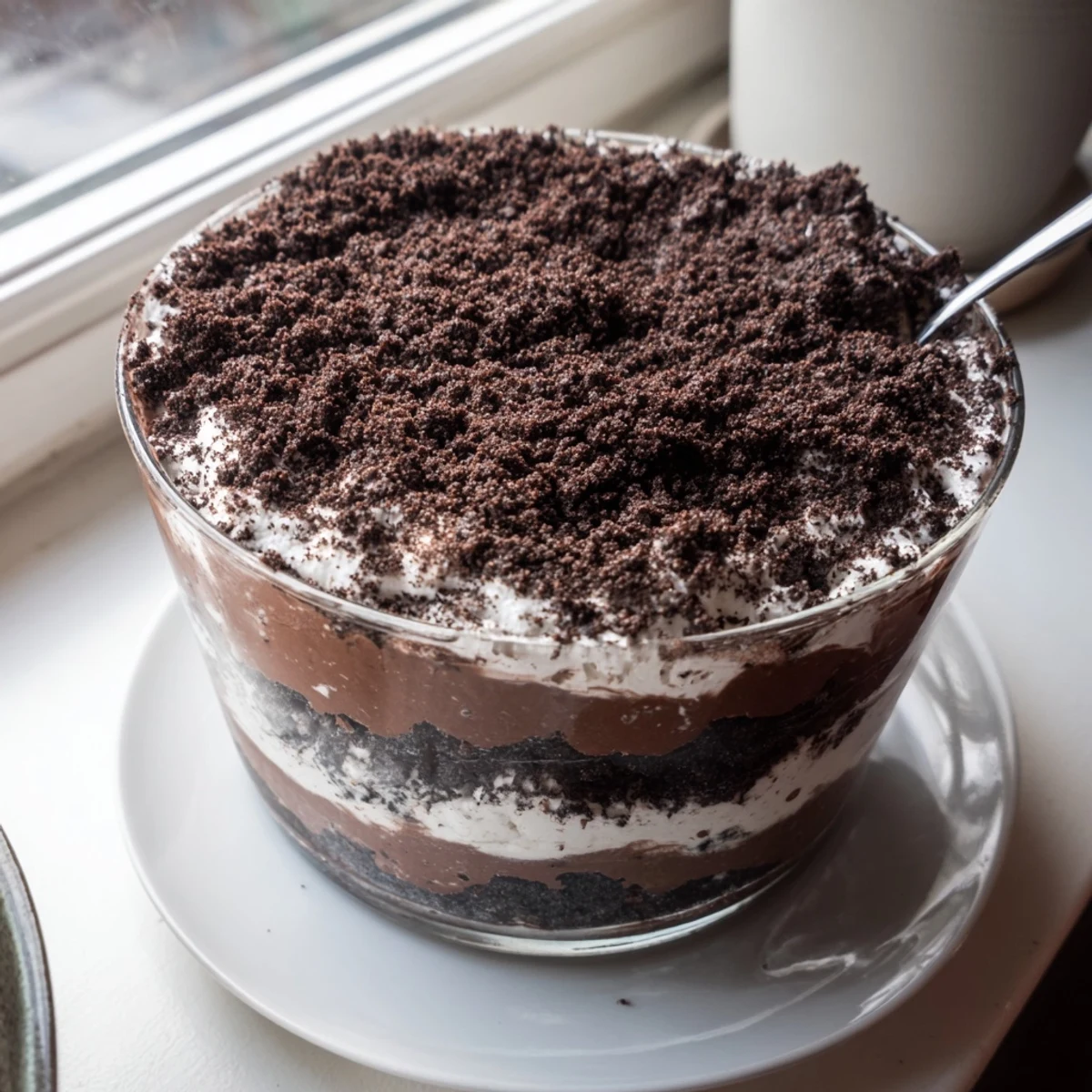 Individually portioned jars showing rich low-carb chocolate dirt cake with distinct layers of pudding, fluffy whipped cream, and dark cocoa crumbles