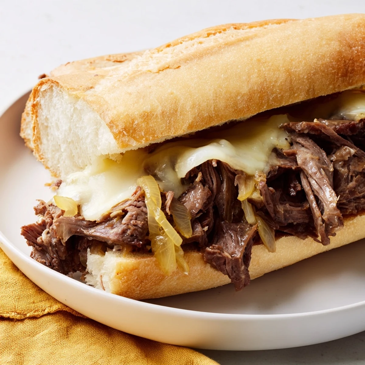 Tender shredded beef piled on toasted hoagie rolls with melted provolone cheese served alongside rich dark au jus dipping sauce