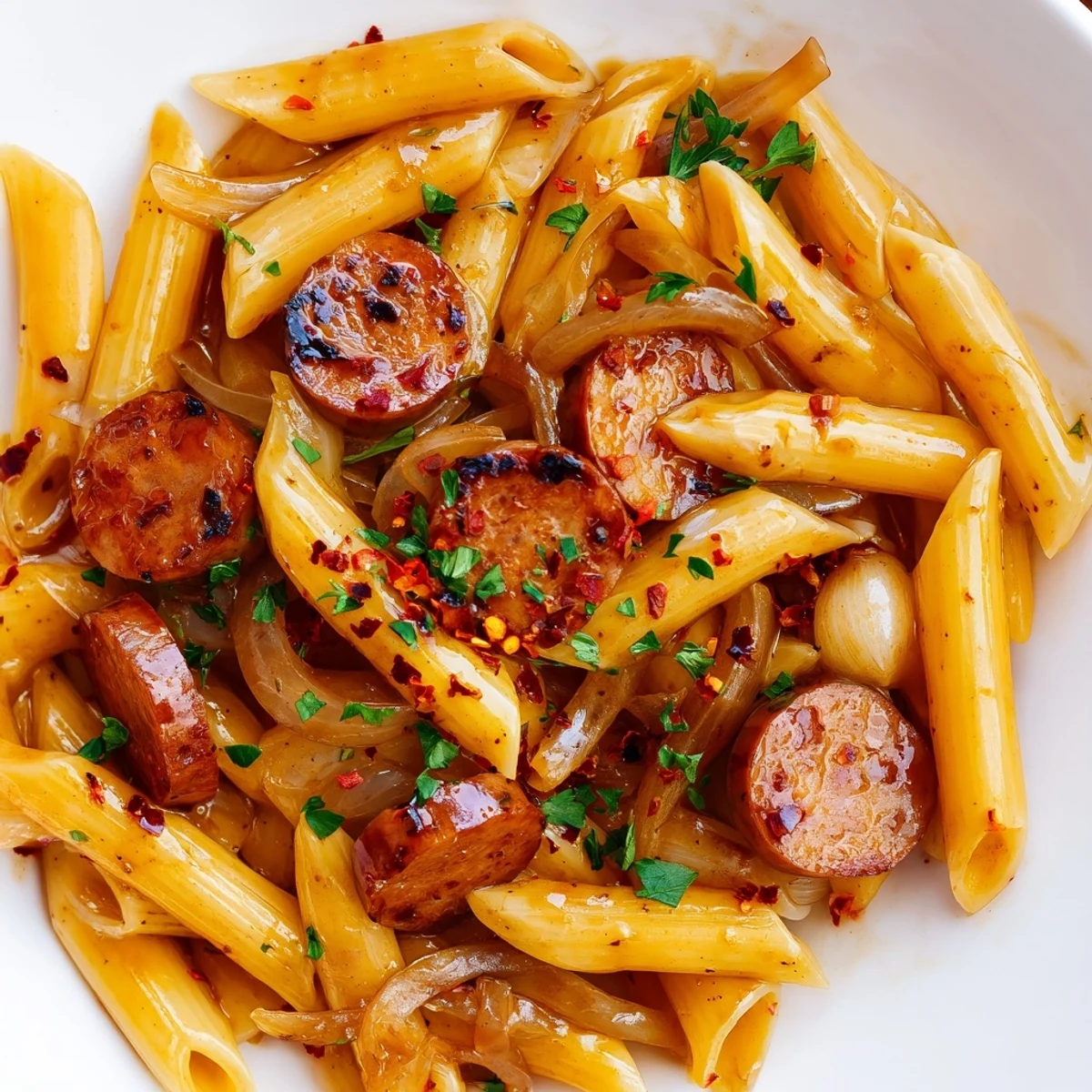 Golden honey garlic sausage pasta skillet bubbling in a cast iron pan with sliced smoked sausage pieces coated in glossy sticky sauce