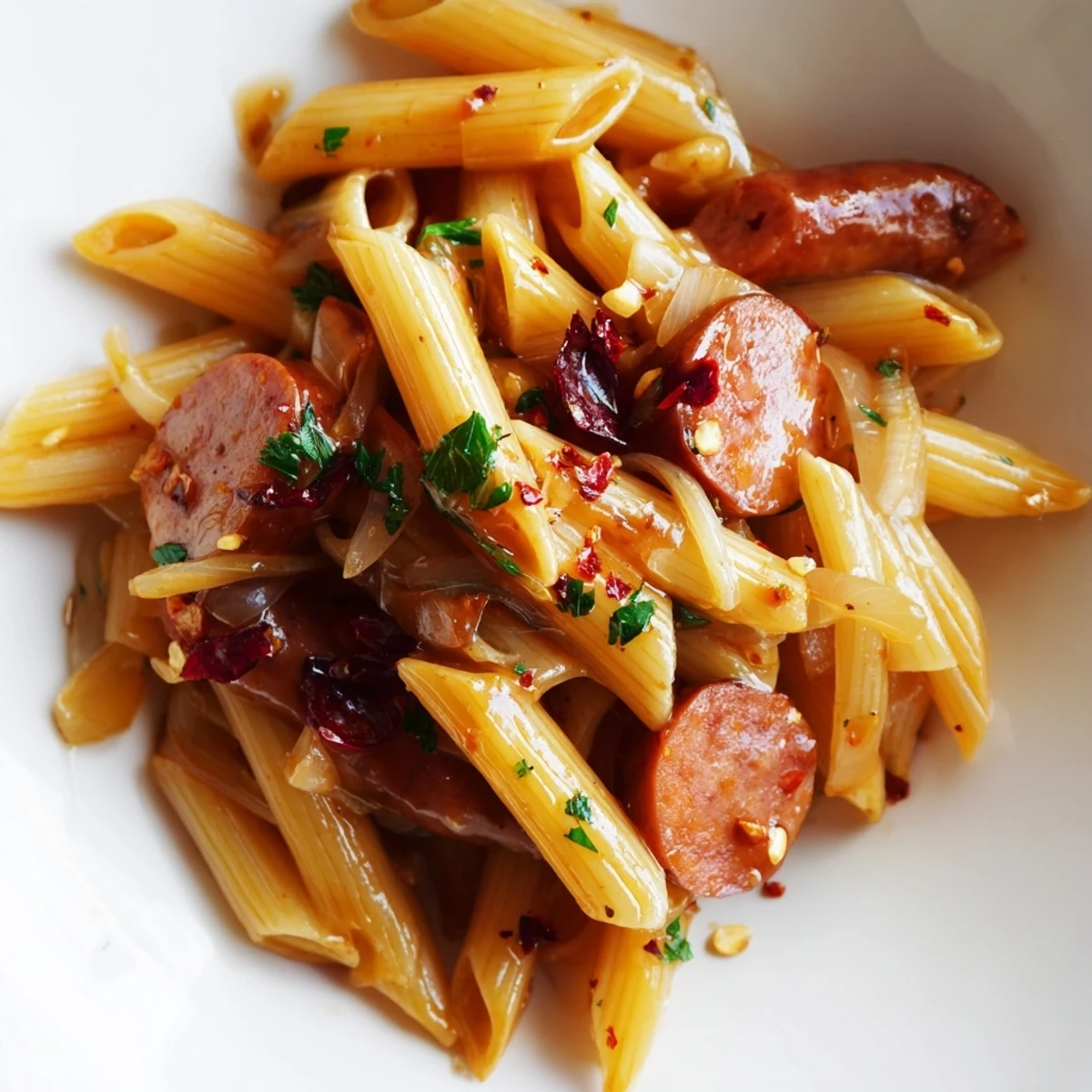 One-pan sticky honey garlic sausage pasta dish garnished with fresh green parsley flakes and caramelized onion strands