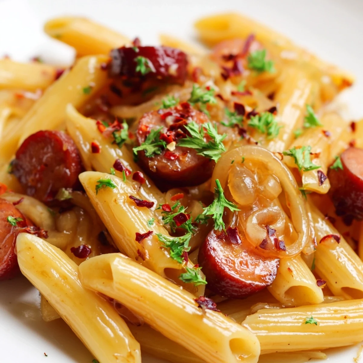 Savory sausage pasta skillet featuring penne noodles tossed in sweet honey garlic glaze with tender meat slices throughout