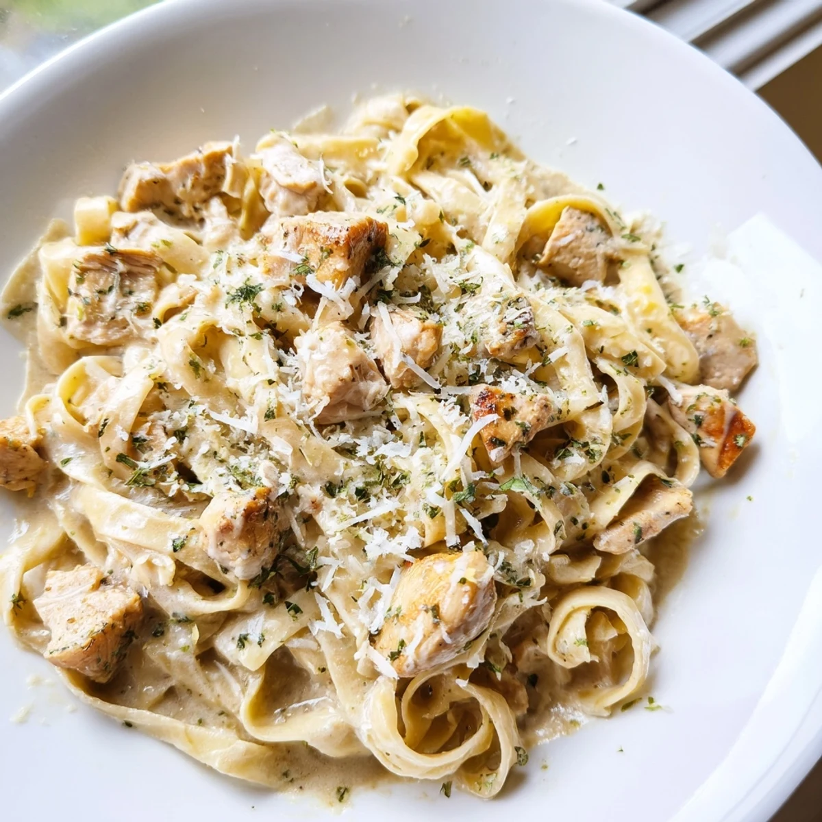 Golden chicken and silky pasta in rich garlic parmesan sauce made in the Instant Pot