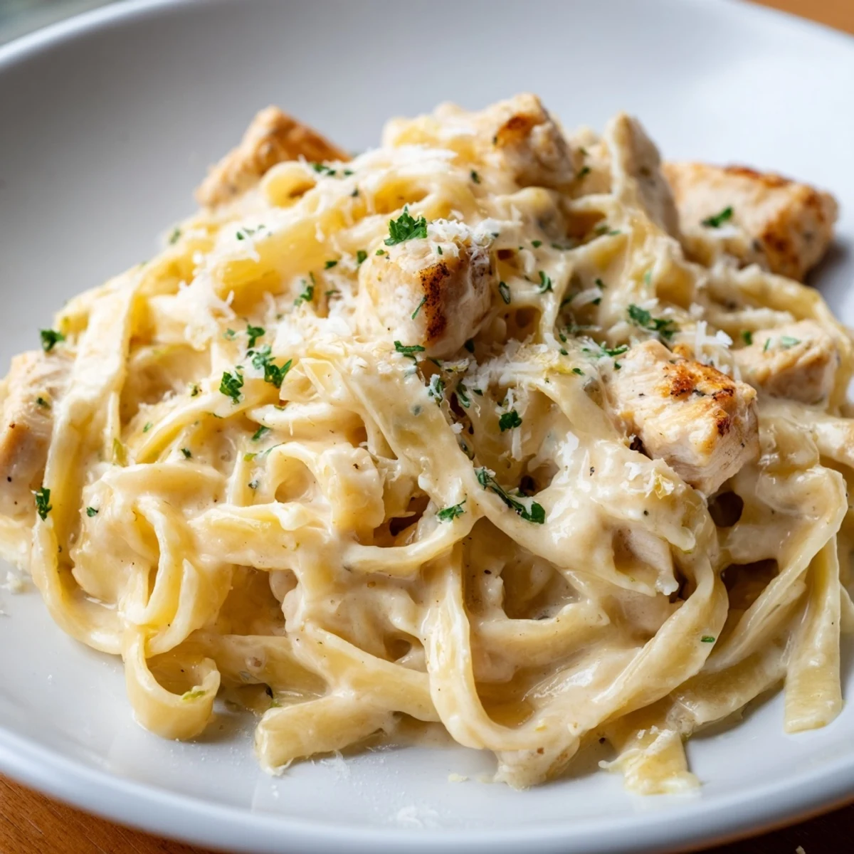 Comforting Instant Pot Chicken Alfredo dish featuring creamy sauce and perfectly cooked fettuccine pasta