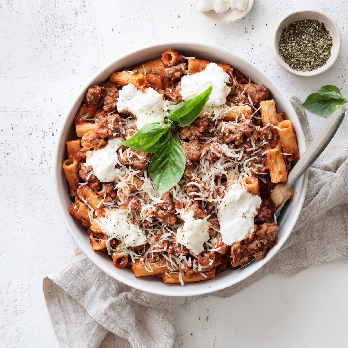 Slow cooker baked ziti with melted mozzarella and rich tomato sauce topped with fresh basil