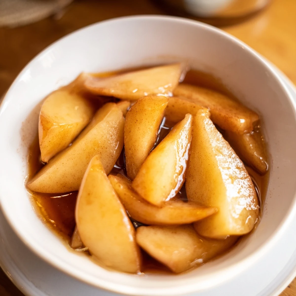 Golden tender apple slices coated in cinnamon sugar syrup served in a white bowl