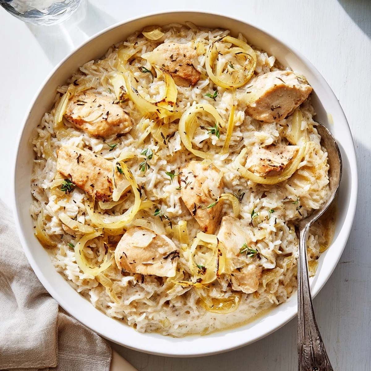 Savory one-pot creamy French onion chicken rice features tender seared chicken nestled in golden onions and rice swirled with a velvety white cream sauce