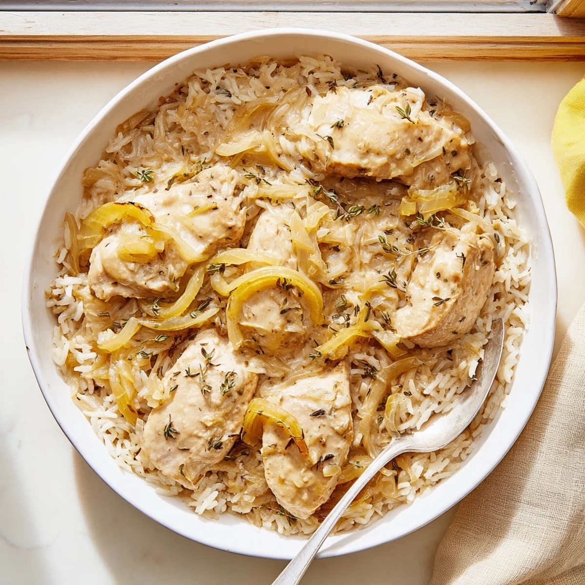 Golden chicken breasts rest atop caramelized onions and fluffy rice in this rich, creamy French onion chicken rice skillet bubbling with melted Gruyère cheese