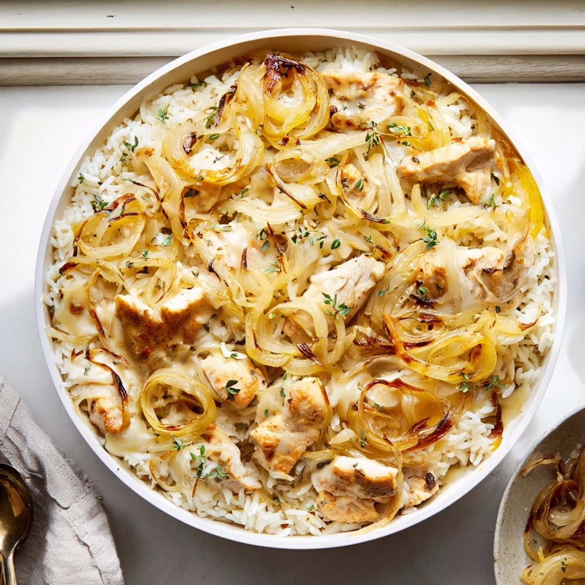 Steam rises from a generous serving bowl of creamy French onion chicken rice, showcasing shredded Swiss cheese melted over juicy chicken and sweet caramelized onion layers
