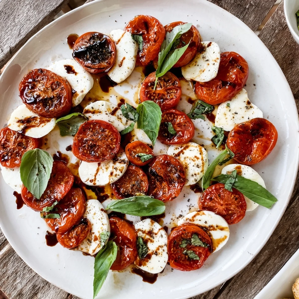 Golden roasted tomato Caprese salad with melted mozzarella and fresh basil leaves drizzled with balsamic glaze on a white serving platter