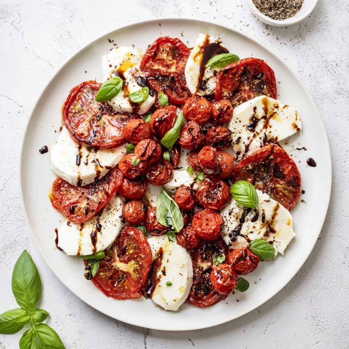Rustic roasted tomato Caprese salad arranged on a wooden board with sliced mozzarella basil sprigs and dark balsamic vinegar swirls