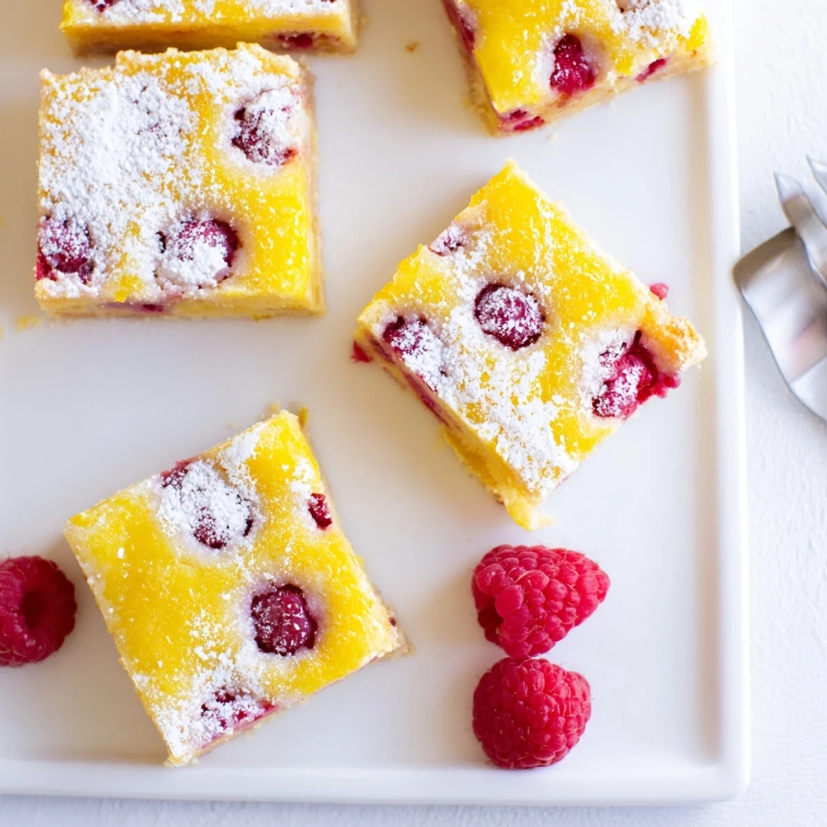 Slice of lemon raspberry bar on white plate dusted with powdered sugar