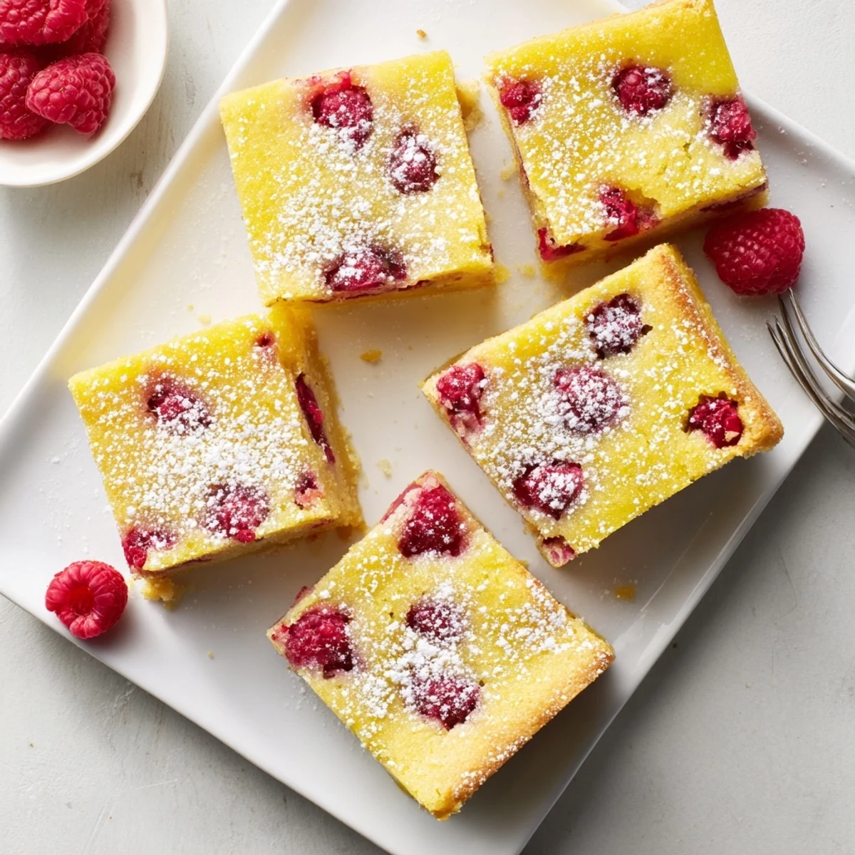 Golden lemon raspberry bars with buttery shortbread crust and fresh fruit filling