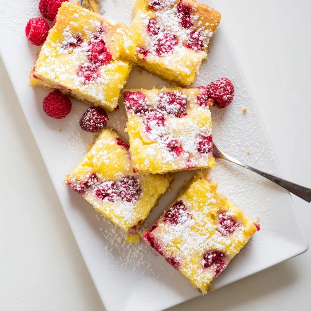 Square of lemon raspberry bar showcasing vibrant red berries in yellow custard