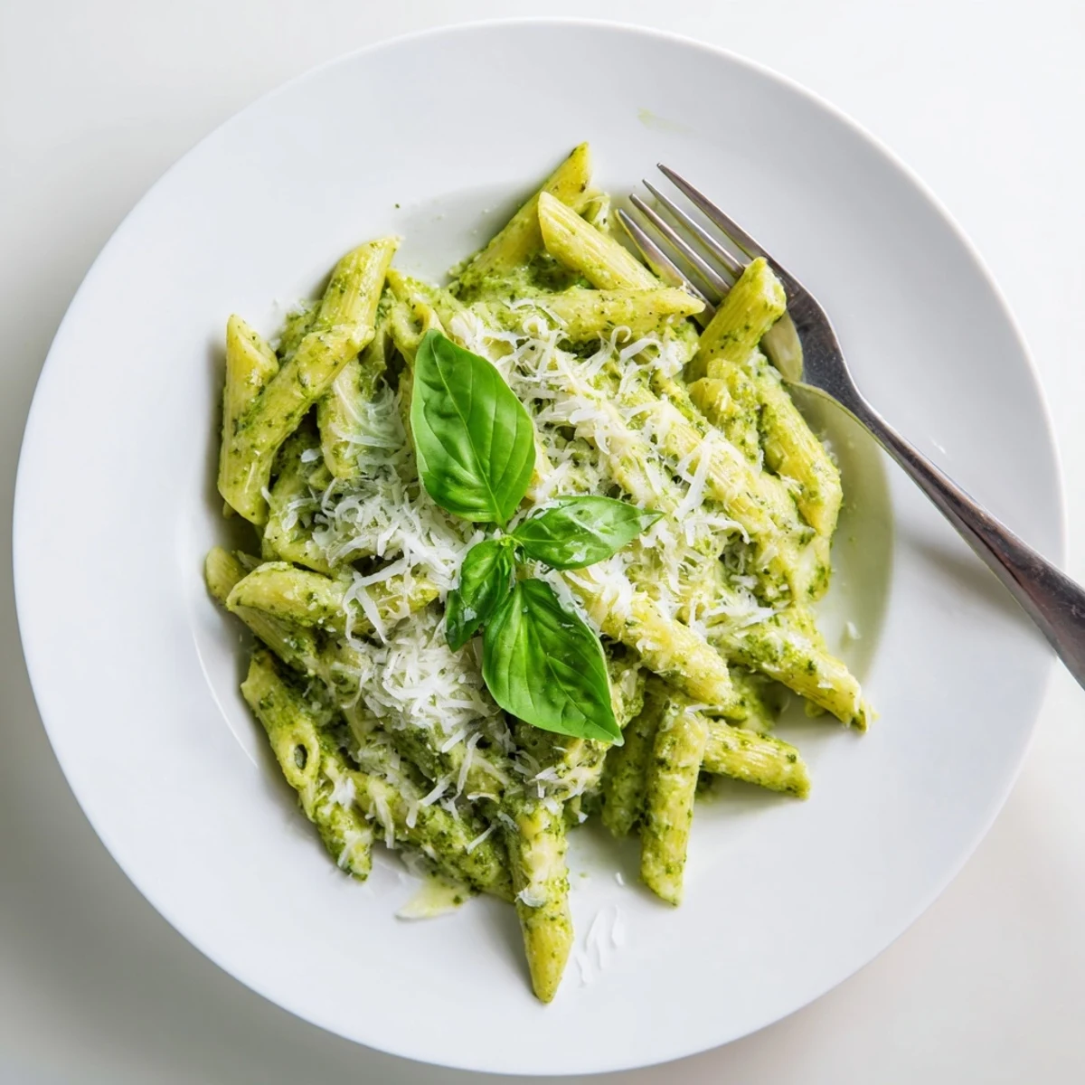 Creamy pesto pasta coated in rich basil parmesan sauce served in a white bowl